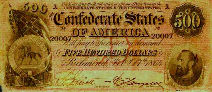 A 1864 Five Hundred Dollar Confederate States of America Banknote, with Stonewall Jackson in the left corner.