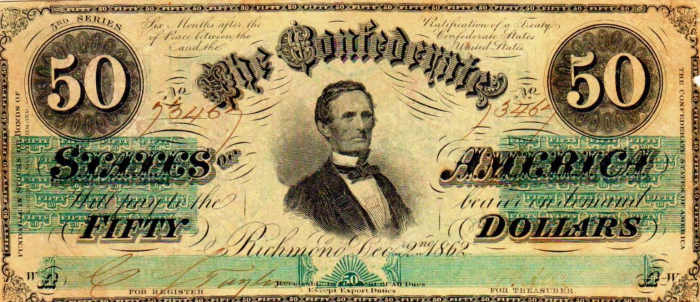 A $50.00 Confederate States of America Currency. In the center is Jefferson Davis, This is the 3rd Series. Printed by Keatinge and Ball of Richmond. “Fund-able” on left margin. Printed on paper watermarked Confederate paper.