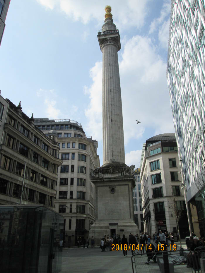 You come across The Monument, a tower with internal access (stairs) to its pinnacle. If the tower were laid out along he ground it would point to the site of the baker's shop on Pudding Lane where the fire started on 2nd September, 1666.
