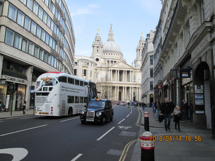 Taken from the same point halfway up Ludgate Hill, the majestic front of St Paul's. Visit the tombs both of Wren and Lord Nelson, and walk the Whispering Gallery around the base of the large cupola