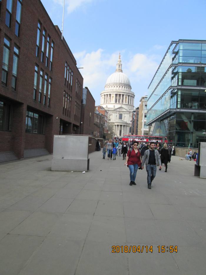 Not quite ancient and modern: a sighting of Wren's masterpiece St Paul's Cathedral seen from the Millenium (pedestrian) Bridge approach. And to the right...