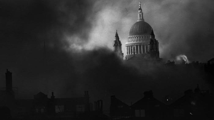 Iconic Herbert Mason picture taken 29th December, 1940 at the height of the 'Blitz'. St Paul's Cathedral was saved from the flames by men of the Fire Brigade from as far off as Southampton to deal with fires on the worst night of the bombing
