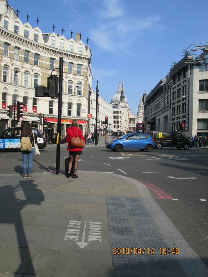Ludgate Circus at the junction of Fleet Street (behind me), New Bridge Street (right), Farringdon Street (left) and Ludgate Hill (ahead). Compare with the picture below. Railway bridge demolished 1990-91 (Thameslink line diversion)