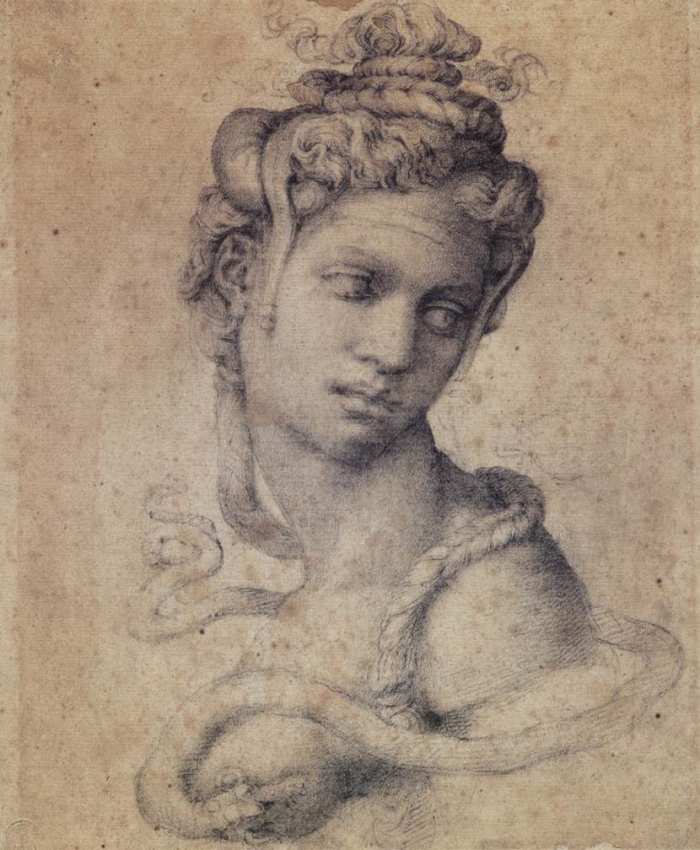 Michelangelo's depiction of Cleopatra. She is seen here with a snake wrapped around her shoulders. The snake was a symbol of Egypt as well as her rumored cause of death.