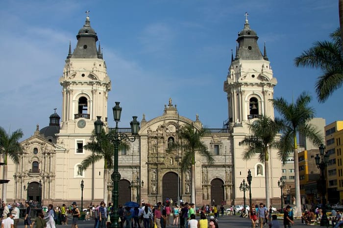 The legacy of the Spanish Empire is reflected in the widespread Spanish language and also in architecture. This is the Cathedral of Lima, Peru that was originally constructed by the Spanish.