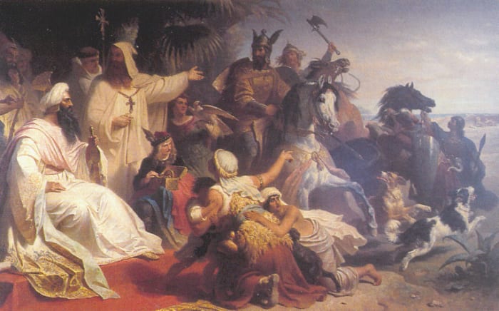 A 19th Century painting depicting Harun al-Rashid, the fifth Abbasid Caliph receiving a delegation from Charlemagne, King of the Franks in Baghdad.