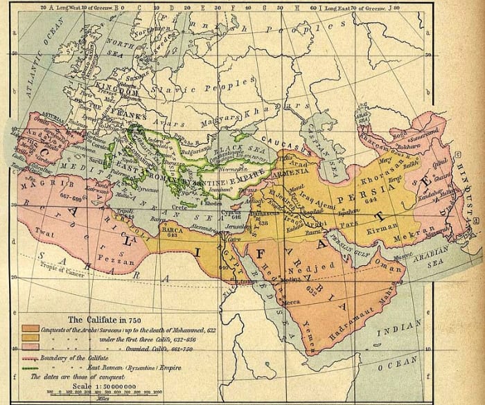 A map showing the state of the Umayyad Caliphate in 750 AD, the year they were replaced by the Abbasid Caliphate.