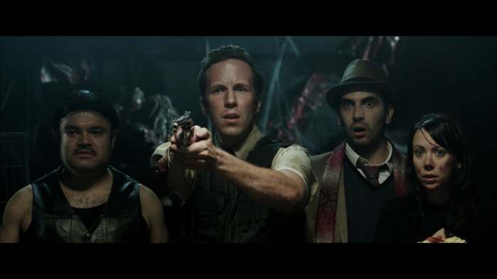 Erick Chavarria (Gerardo) Ben Bagley (DeputyDoyle) Matt Angel (Morgan) and Renee Dorian (Laurie) are not having fun at The Funhouse Massacre