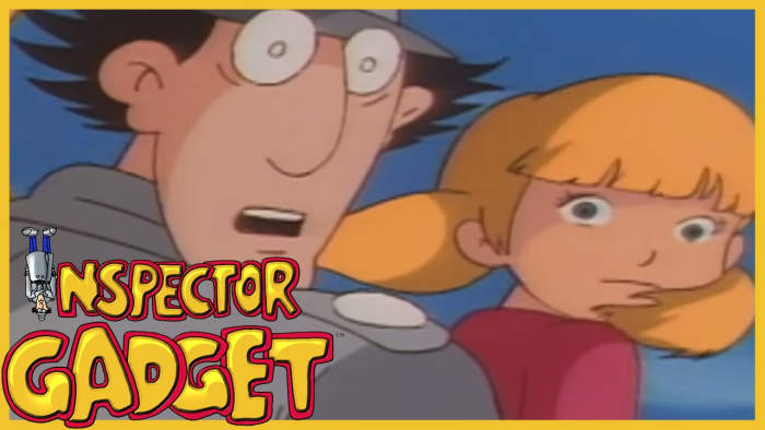 Inspector Gadget in this photo is expressing his fear because a huge snowball is headed towards him and his niece Penny.