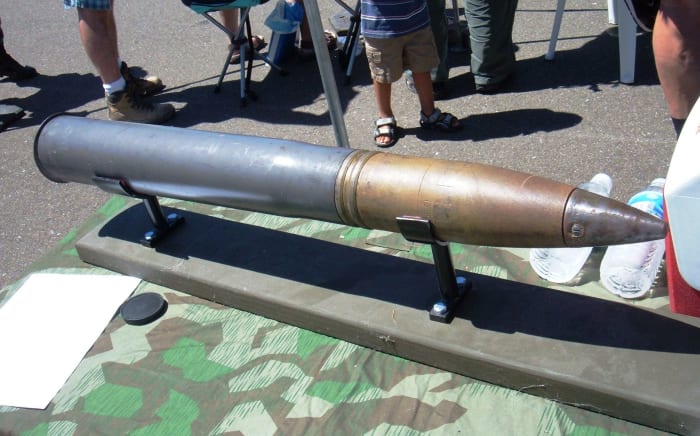 The shell for the 88mm gun which weighs twenty-one pounds and could destroy British tanks from almost two miles with complete accuracy.