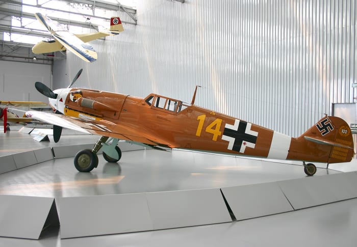 Bf 109 G-2 painted with markings of Marseille's aircraft on display at the Museum TAM in São Carlos, Brazil present day.