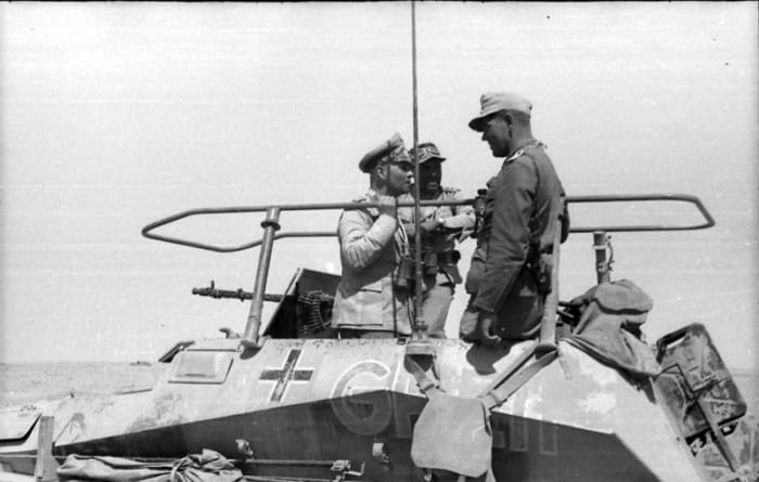 Erwin Rommel and Fritz Bayerlein near Bir Hakeim May 1942 the southwest flank of the Gaza Line. Once around Bir Hakeim Rommel would have flanked the Gazala Line and strike the British forces from the rear.