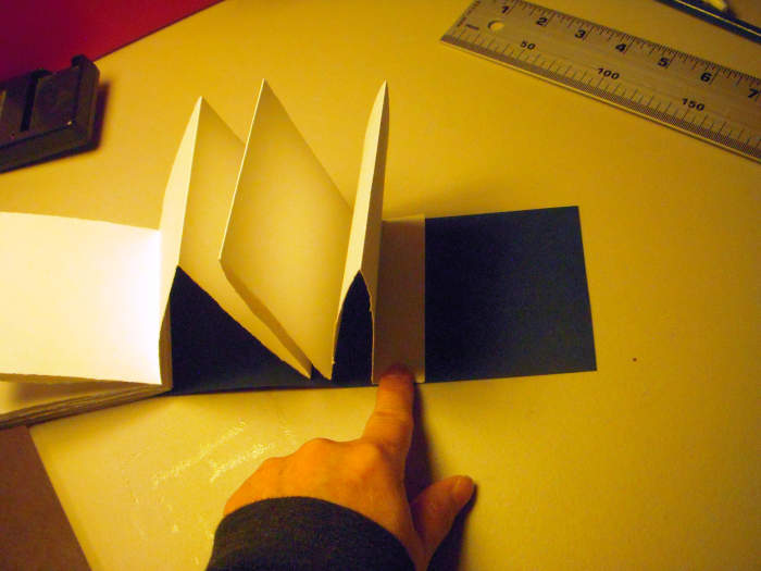 Or, you can attach the pages to the cover close to the spine. This tutorial does it this way, but you can attach to the cover any way you like.(Note: the picture shows the pages without the back page attached for clarity