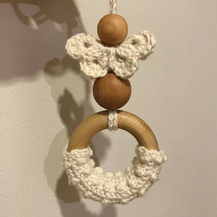 Berry-Stitched Teething Ring Turned Into a Teething Necklace With Crocheted Butterfly and Wooden Beads