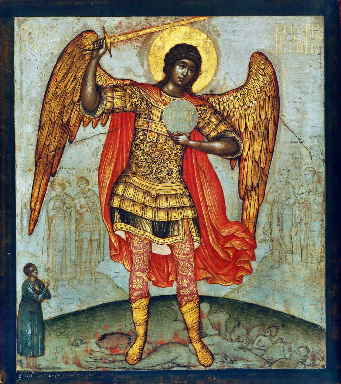 Michael the Archangel tramples the devil underfoot in a 1676 painting