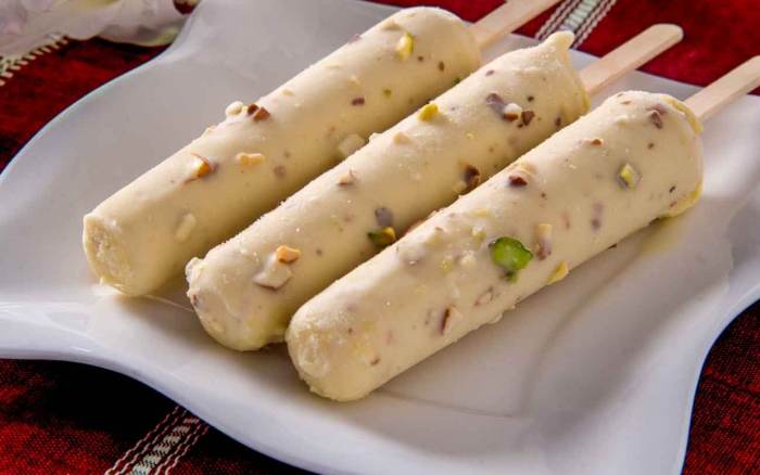 Kulfi is a frozen dessert made from milk. It is commonly prepared by North Indian states. Its preparation and texture has close similarities to ice-cream. Kulfi has high density and it takes relatively long time to melt.
