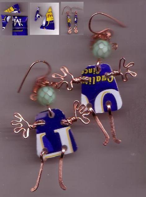 Imagine my surprise when I found out artisans in Africa use coffee cans in their work as well. I created this pair of "Wild Woman" earrings when I was inspired by a recycled metal pair from Ghana that I found in an African art gallery.