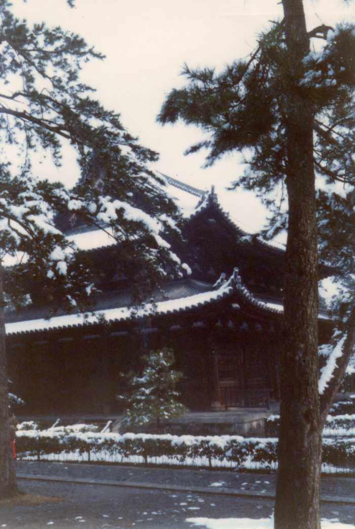 Samurai movies sometimes feature the setting during the winter. This scene is in Kyoto, Japan, during a December vacation.