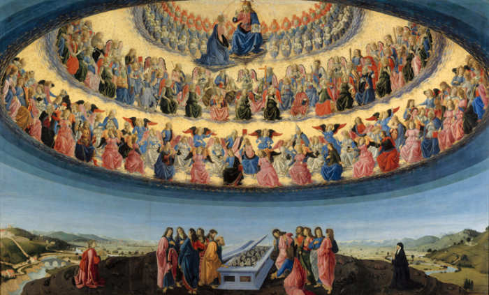 "Assumption of the Virgin" (showing the Three Spheres / CHOIRS of HEAVEN) - by Francesco Botticini - at the National Gallery London.