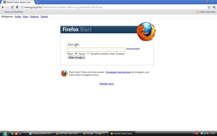 The Firefox version of Spain Google will be presented in the language last used for Google Espana e.g Spanish, Catalan, Galician or Basque. In this case Basque.
