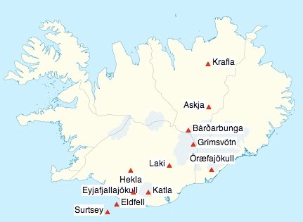 The Mid-Atlantic Ridge (plate boundary) passes through Iceland from the southwest (Surtsey) and zigs its way northeast. Many of Iceland's volcanoes are under glaciers, melting the ice and causing massive floods when they erupt.