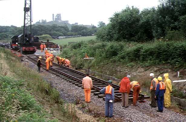 Track re-laying on the preserved Swanage Railway in Dorset, SW England. Preserved railways often need to review their permanent way needs to avoid unnecessary expense