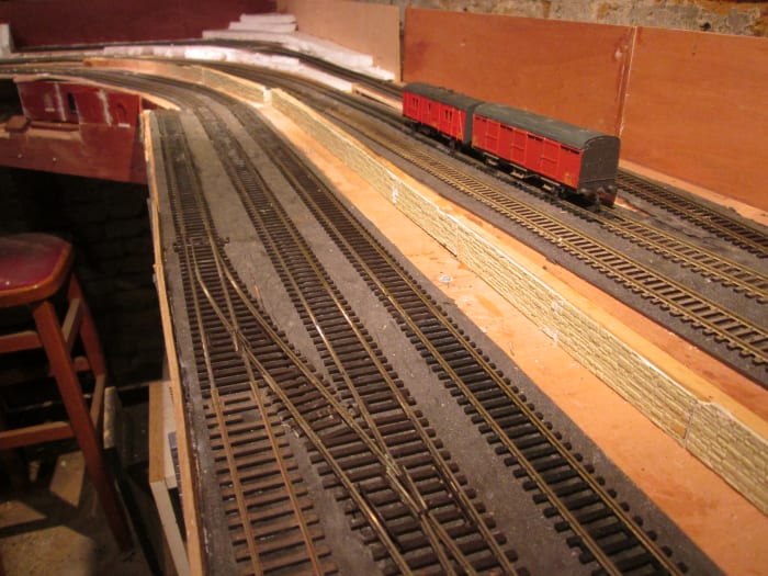 Track laid out and pinned or glued (wood glue dries clear). This is the embryonic 'Ainthorpe Junction' layout, awaiting further track and points to progress and in the opposite direction...