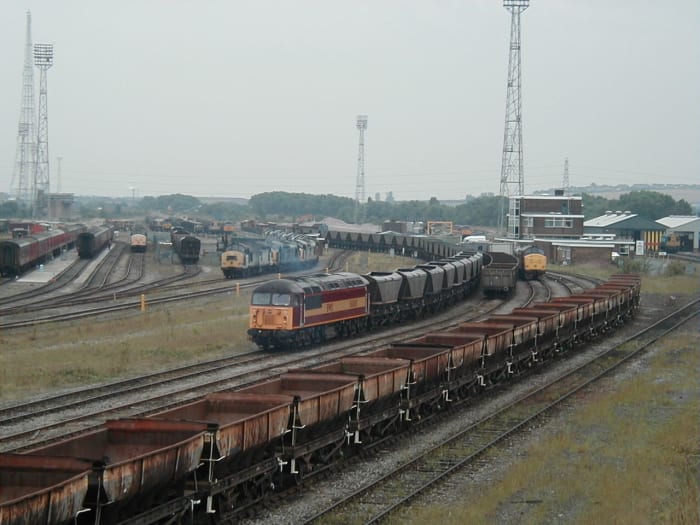 Erimus, its days numbered. Lines of brake vans were stored here before breaking up. Thornaby Shed (51L) opened 1958 to replace Teesside sheds was nearby to the south, also under sentence. The roundhouse stored 'cripples' and was briefly used by NELPG