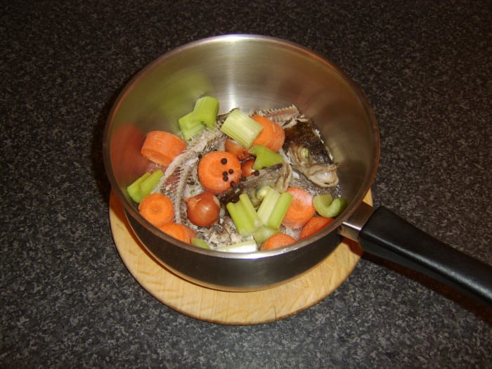 Fish heads, bones and a variety of common vegetables and seasonings combine superbly with water to make a wonderful fish stock