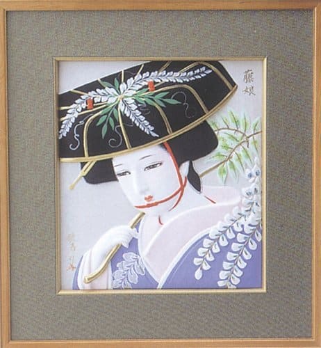 Japanese Hakata Doll (Gaku) Fuji Musume is the "Wisteria Maiden". The wide hat and pretty colors are appropriate for a Maiko.
