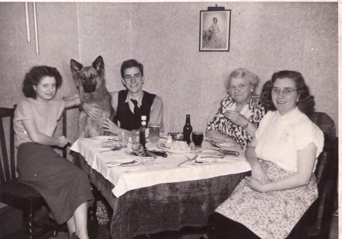 My Dad and his German Shepherd, Flash - quite at home at the tea table! Flash was named by my Dad, aged 11, for the popular film character Flash Gordon.