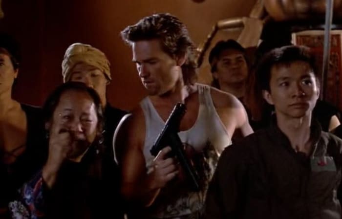 Left to right: Victor Wong as Egg Shen, Kurt Russel as Jack Burton, and Dennis Dun as Wang Chi