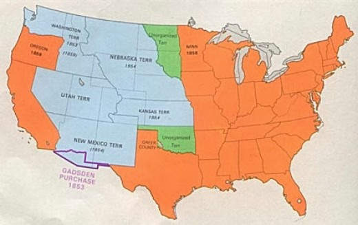 A modern map of the United States in 1860 which shows the annexed territories from Mexico and the Louisiana Purchase territories