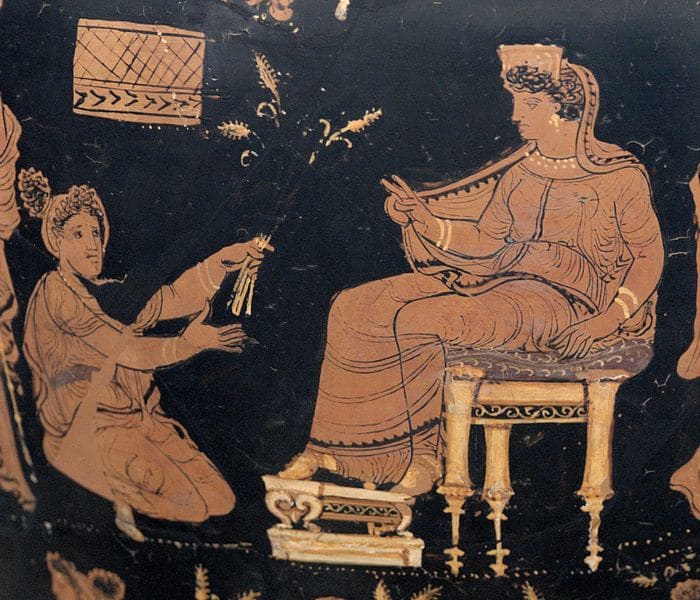Demeter, enthroned and extending her hand in a benediction toward the kneeling Metaneirat (c.â340 BC)
