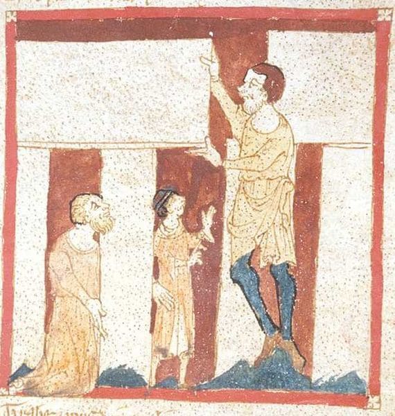 Merlin builds Stonhenge with the help of a giant. From a manuscript of the Roman de Brut by Wace (British Library, Egerton 3208)