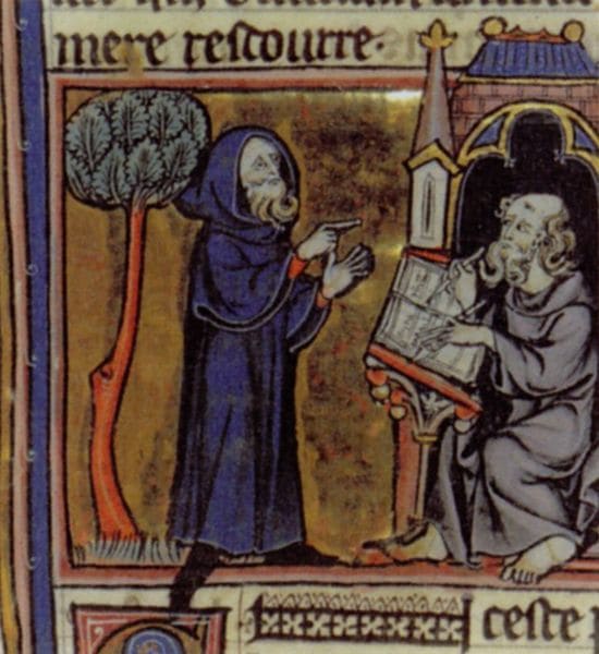 Merlin and Blaise; French 13th century miniature from Robert de Boron's Merlin en prose (written ca 1200)