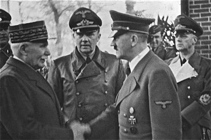 Adolf Hitler meets Marshall Phillipe Petain, head of the French Vichy government, in October 1940.