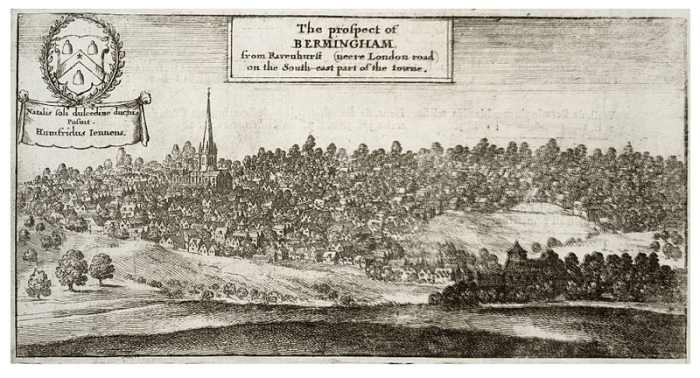 Birmingham, as it was during the time of the Civil War. The Church of St. Martin, which dominates the landscape still stands today, and remains at the heart of the city.