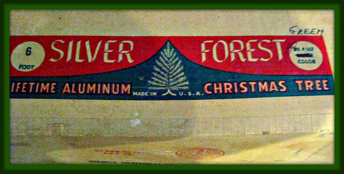 The box for the Pom Pom Silver Forest Aluminum Christmas Tree 7 1/2' Blue & Green 114 Branches, and made in the USA back in the glorious early 1960s.