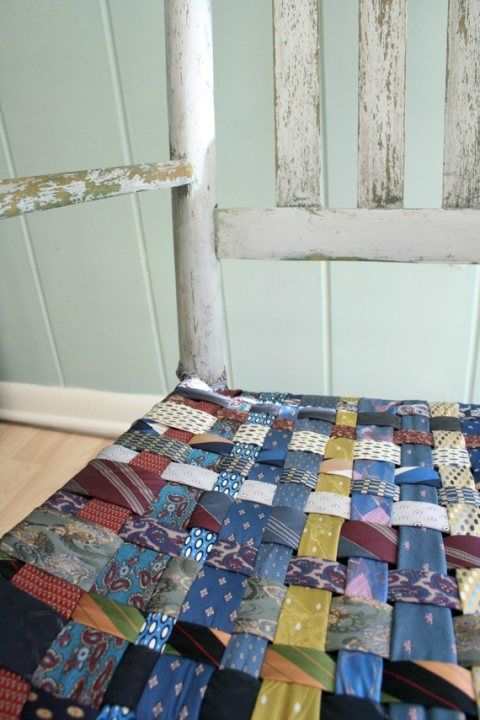 I love woven things anyway, and this rustic rocker refurbishing is the perfect use for neckties. Woven together for combined strength, they are a perfect seat replacement. Go with a color theme or randomize it like the seat pictured here.