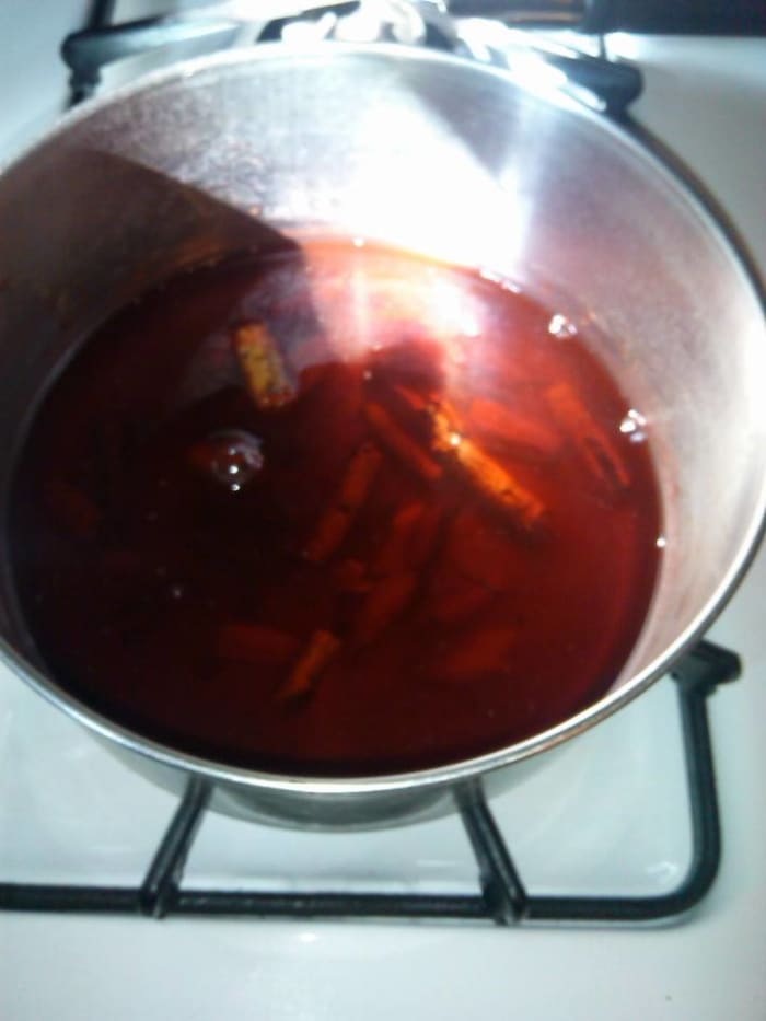 First fill your pot with cool water and sassafras root, then put it on the stove. This varies slightly from most tea making procedures. You need the root in prior to boiling the water to get all the safrole from the root.