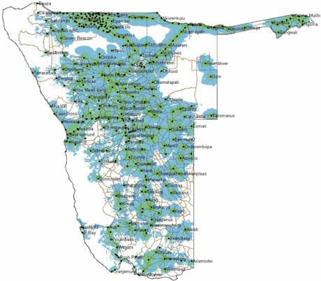 Most of the populated areas in Namibia have cell phone coverage. The unpopulated areas are 'blank'. Not all providers cover the same area. Note that this map shows a combined coverage!
