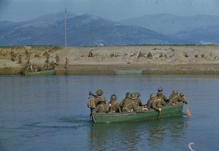 Royal Engineers cross the River Garigliano in the early stages of the First Battle