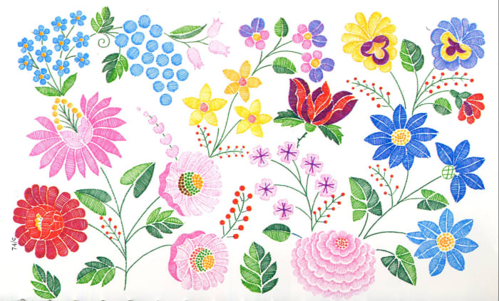 Example of needlework from the Kalocsa region, it is just one of the Hungarian styles of hand embroidery.