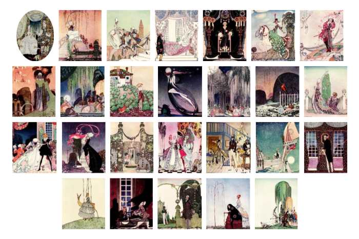 Here we show each of the full-color designs by Kay Nielsen published in the Limited Edition of "In Powder and Crinoline" (1913).