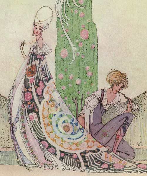 Here we show a portion of 'She stopped as if to speak to him' - a design by Kay Nielsen from his suite prepared for "In Powder and Crinoline" (1913).