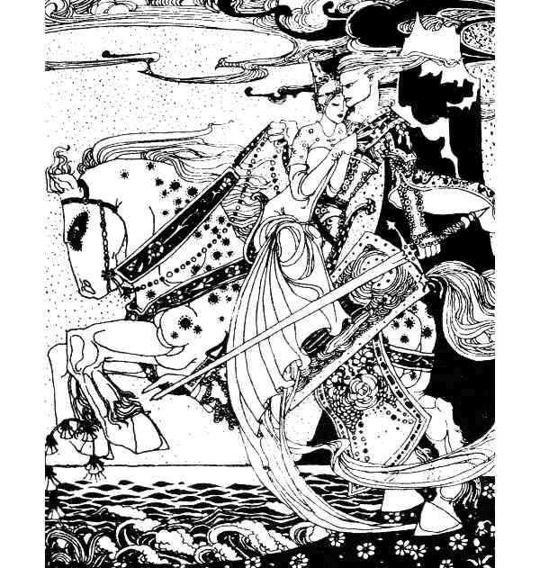 Here we show a monotone design - known as 'He took her home' - from Nielsen's suite published in "East of the Sun and West of the Moon" (1914).
