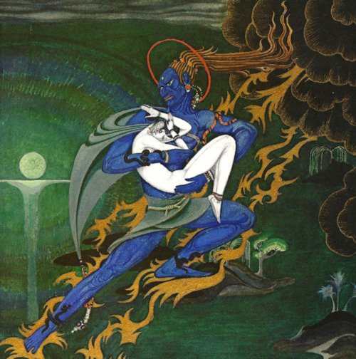 Here we show a portion of ' A Genie steals the daughter of the King of the Ebony Isles on her wedding night' - a design from Kay Nielsen's suite inspired by the classic Persian tales known as "The Arabian Nights".