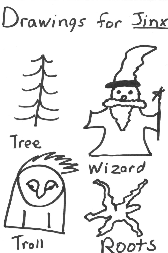 Booktalks for Children's Fantasy Books -- ideas for making simple drawings of the characters and items in the book Jinx by Sage Blackwood.