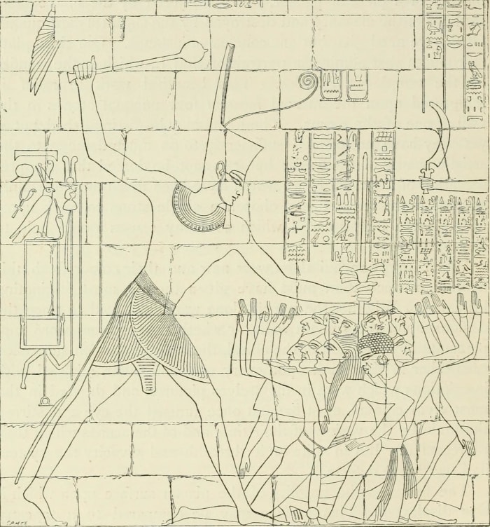 Seti I, striking prisoners of war with a mace. Karnak, Thebes